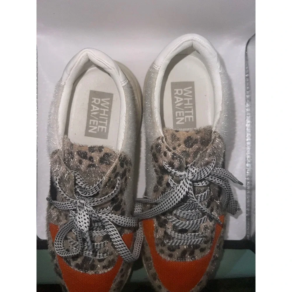 White Raven Leopard Print Orange Mesh Faux Fur Platform Sneakers Womens Size 6